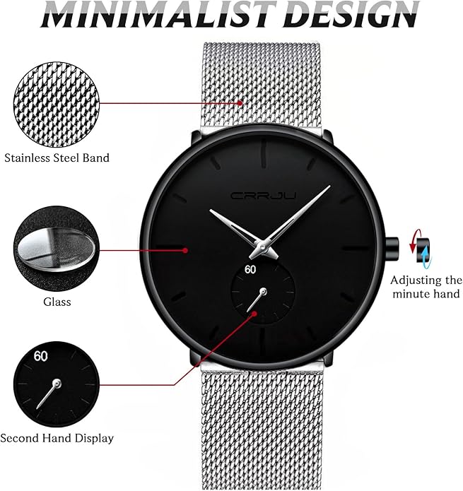 Mens Watches Ultra-Thin Minimalist Waterproof - Fashion Wrist Watch for Men Unisex Dress with Stainless Steel Mesh Band