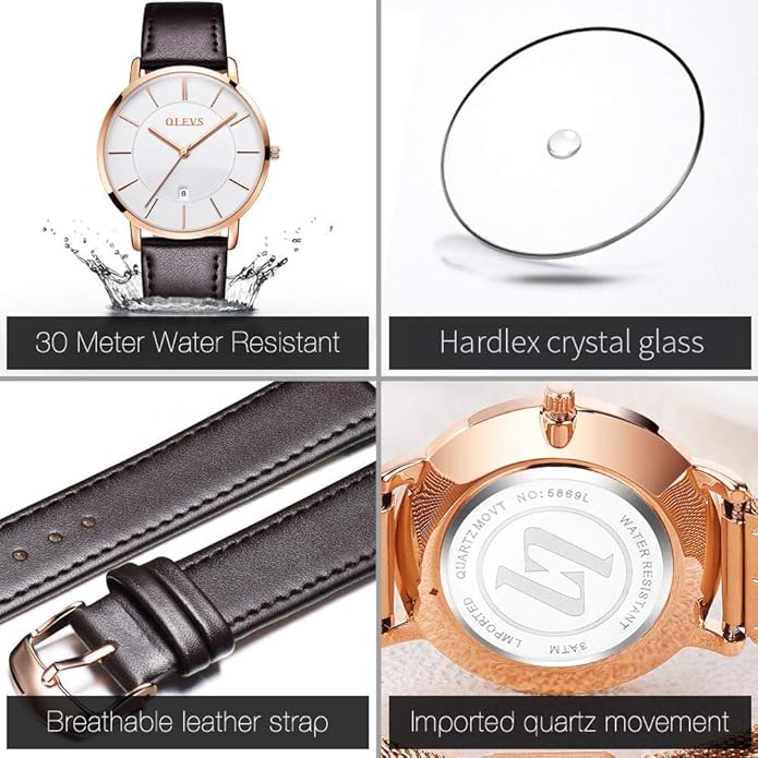 OLEVS Mens Watches Minimalist Ultra Thin Fashion Casual Analog Quartz Date Watch Waterproof Slim Simple Big Face Dress Wrist Watch Leather Band for Men