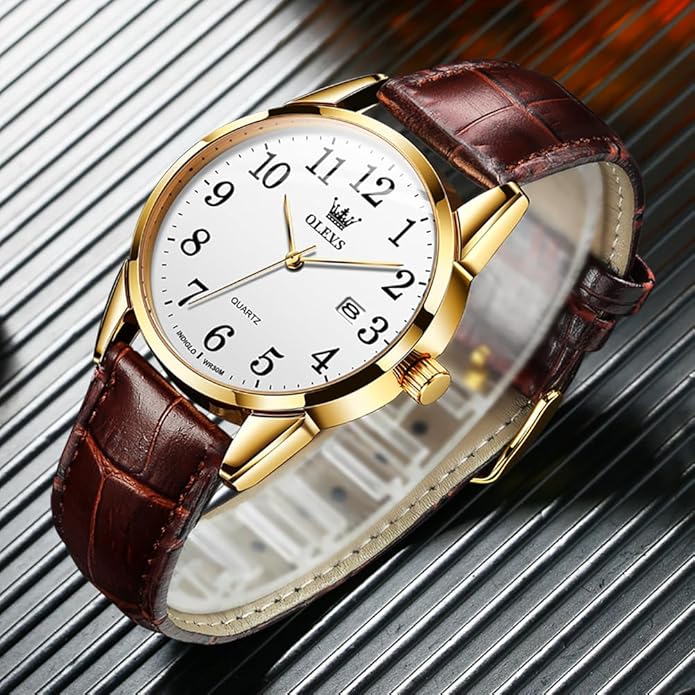 OLEVS Mens Watches Vintage Leather Band Dress Classic Easy Reader Arabic Numerals Analog Quartz Waterproof Date and Day Blue/Black/White Large Face Men's Wrist Watches