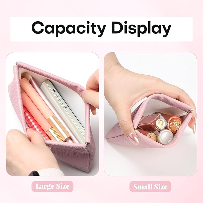 Sightor Leather Pocket Cosmetic Bag for Purse, 2 Pack Small Makeup Bag for Women Coin Purse Lipstick Cosmetic Accessories Organizer Travel Cosmetic Pouch (Pink)