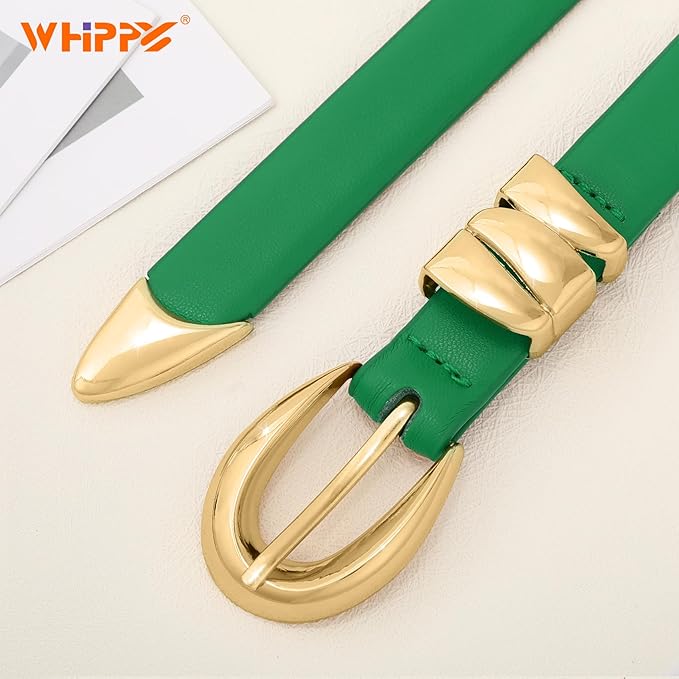 WHIPPY Women Skinny Leather Belt for Jeans Pants Dresses Ladies Fashion Waist Belt with Shiny Gold Buckle