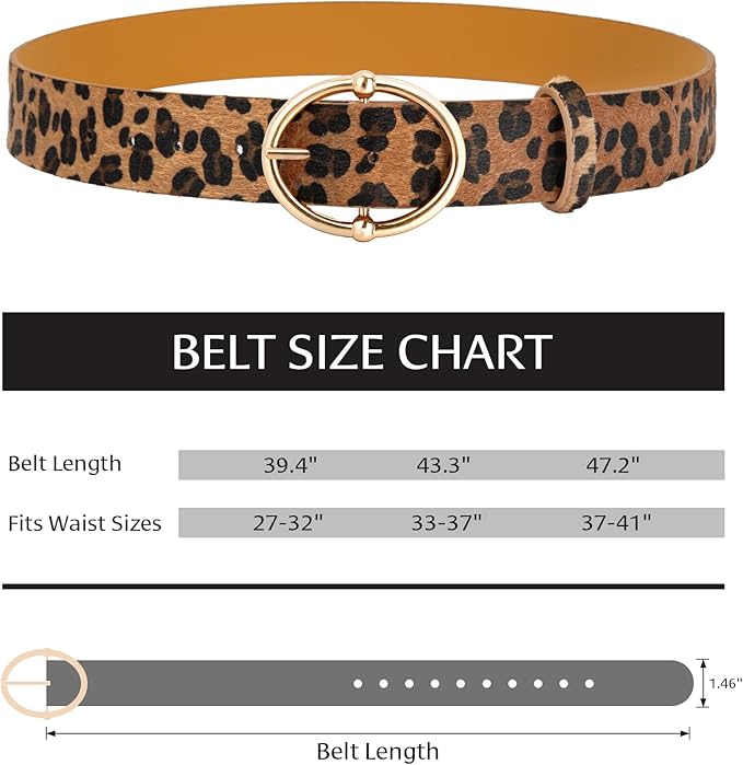 Women’s Leopard Print Leather Belts for Women, Cheetah Print Belt with Gold Buckle, Width 1.46"