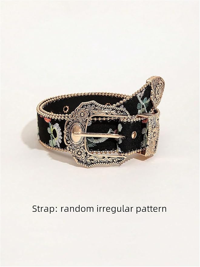 Women's Floral Embroidery Genuine Leather Belt Vintage Square Buckle