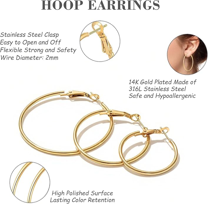 4/5/6 Pairs Stainless Steel 30/40/50/60/70 mm Silver 14K Gold Hoop Earrings for Women Hypoallergenic Big Thin Lightweight Dangle Set
