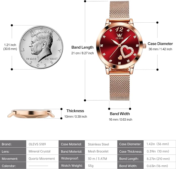 OLEVS Women's Small Wrist Rose Gold Tone Watch - Cute Diamond Heart Arabic Numerals Dial, Fashion Waterproof Mesh Bracelet Analog Dress for Ladies