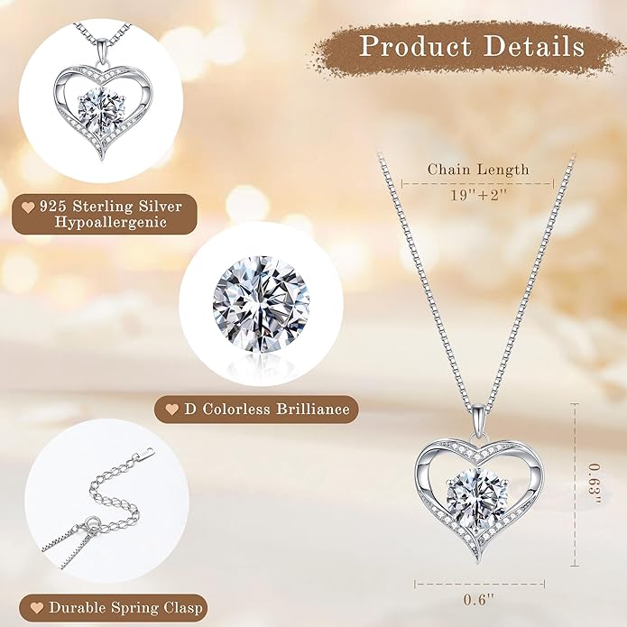 MOOSEA Valentines Day Gifts for Her, 1-3ct D Color VVS1 925 Sterling Silver Anniversary Birthday Gifts for Women Wife Girlfriend Jewelry Moissanite Necklace