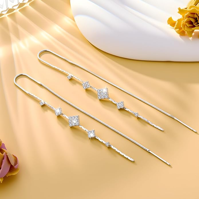 925 Sterling Silver Threader Dangle Earrings for Women - Long Earrings Dangle Chain Drop Earrings Dangling, Dainty Elegant Dangly Ear Chain with Tassel and Cubic Zirconia for Prom Wedding Trendy Jewelry Accessories