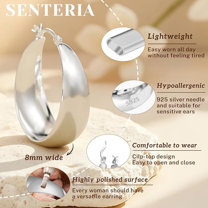Senteria 12mm Wide Thick Hoop Earrings 925 Sterling Silver Hoop Earrings for Women Hypoallergenic 14K Real Gold Plated Hoops Large Earring Lightweight Chunky Hoops Earring for Women 25/30/40/50MM