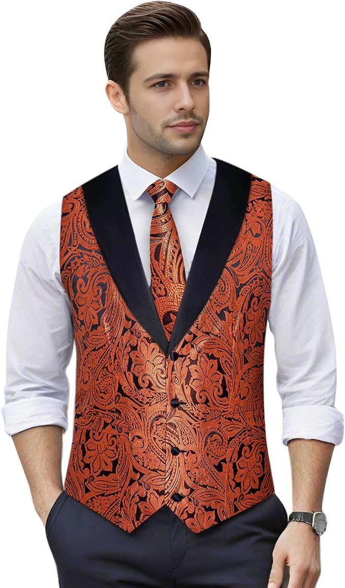 DiBanGu Mens Paisley Suit Vest Silk Jacquard Waistcoat and Necktie Set Formal Shawl Collar Dress Vest 7PCS for Wedding Party