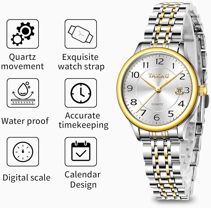 Womens Watch Fashion Dress Waterproof Silver Watches for Women Casual Easy Read Quartz Analog Women's Watch Two Tone Stainless Steel Ladies Watches with Day Date