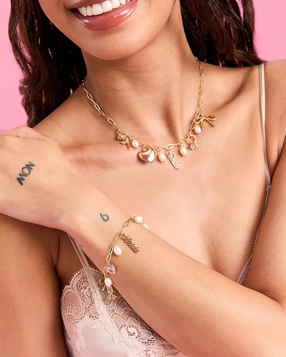xo, Fetti Gold Bride Charm Necklace | Pearl Bachelorette Accessory, Rhinestone Bridal Jewelry, Bach Party Decorations, Bridesmaid Gift, Wedding Chain Choker