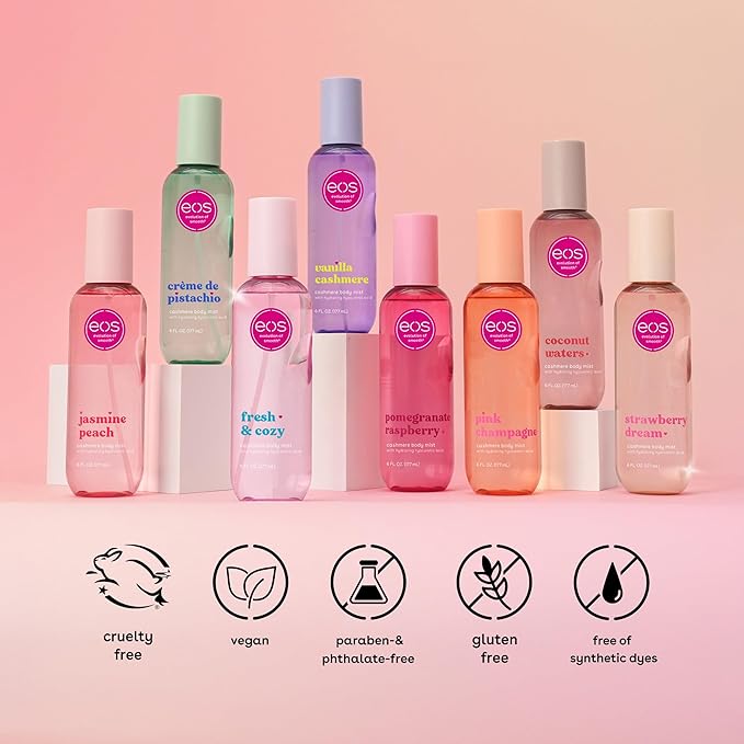 eos Cashmere Body Mist, Vanilla Cashmere, Soft Musk, Cozy Caramel, Hair Mist, Body Spray for Women Moisturizing, Hyaluronic Acid, Vanilla Body Spray, Vegan, Cruelty-free, 6 fl oz