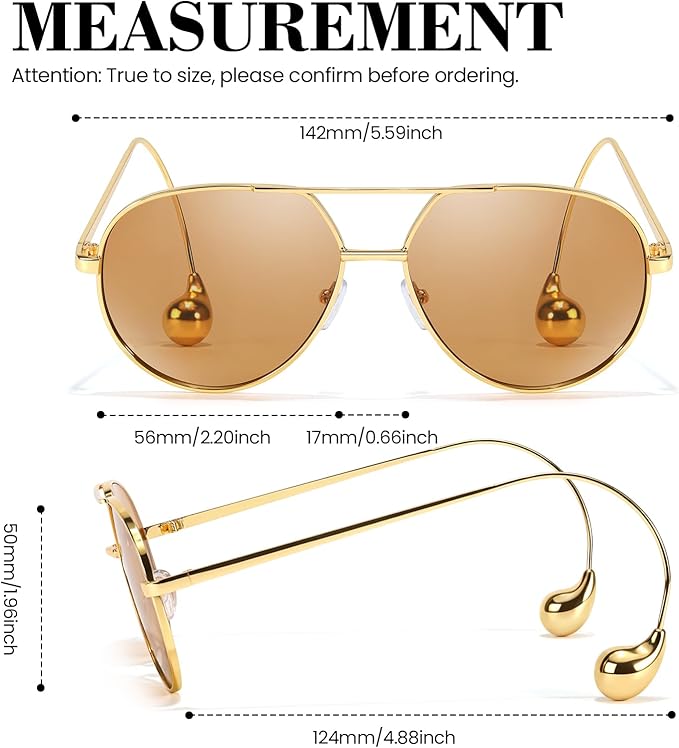 SODQW Trendy Aviator Sunglasses for Women with Earring Gold Metal Frame Fashion Sun Glasses