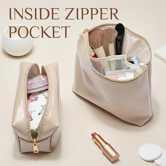 Kigeli 2 Pcs PU Leather Makeup Bag Set for Women Aesthetic Cosmetic Bag Small Toiletry Travel Pouch for Purse Emergency Skincare Organizer Valentine Gifts for Bridesmaid Birthday(Nude)