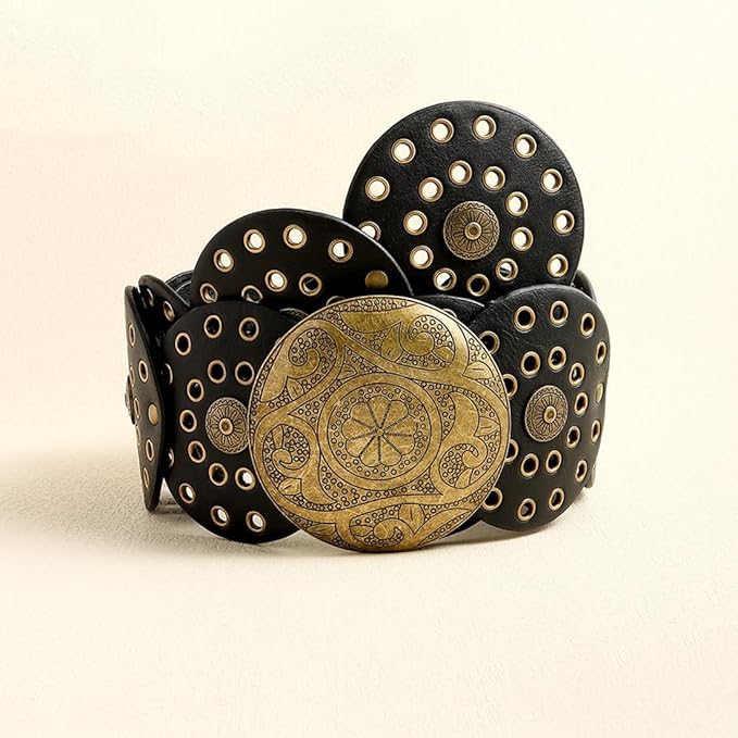 Hollow Wide Disc Belt for Women Concho Leather Metal Buckle Boho Belt Cowgirl Vintage Western Chunky Waist Belts
