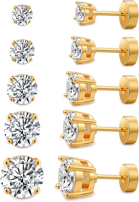 Kainier Women's 14K Gold Plated CZ Stud Earrings Simulated Diamond Round Cubic Zirconia Ear Stud Set（5 Pairs)…