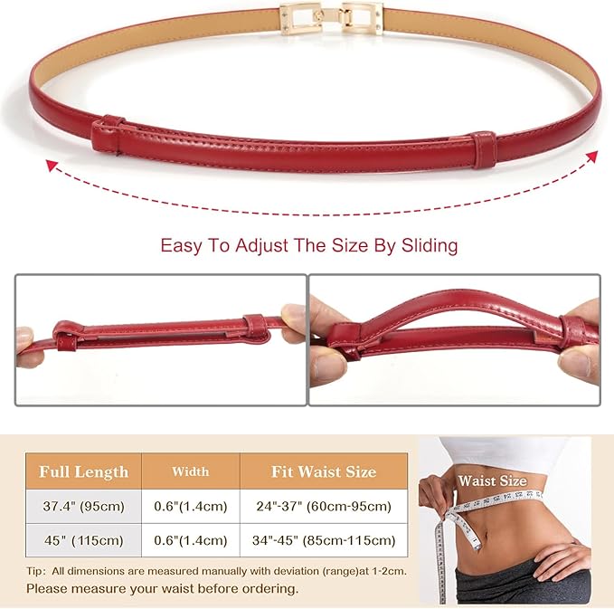 Glamorstar Skinny Belts for Women Thin PU Leather Waist Belt with Gold Buckle for Dresses
