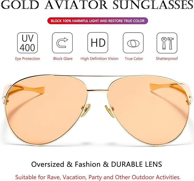 AIEYEZO Gold Aviator Sunglasses for Women Men Oversized Thick Frame Sun Glasses Fashion Retro Sardine Pilot Shades