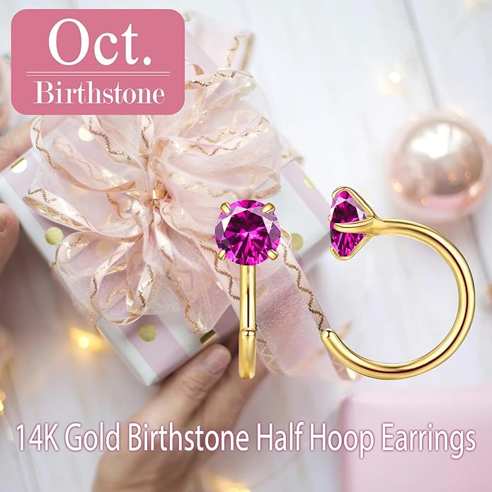 14K Gold Birthstone Huggie Half Hoop Earrings for Women,Round-cut Created Gemstone Minimalist Tiny Earring(4MM*2) Anniversary Birthday Mother's Day Jewelry for Mom Her