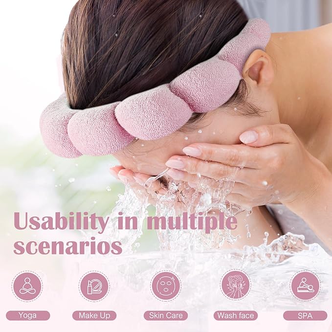 Spa Headbands, Set of 2, Terry Cloth Headband Face Wash Headband Combo Pack - Puffy Makeup Headbands for Face Washing, Mask (Dark khaki + pink)