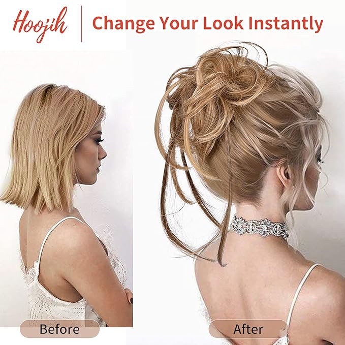 HOOJIH Messy Bun Hair Piece - Super Long Tousled Updo Extensions, Wavy Wrap Ponytail Hairpieces, Scrunchies With Elastic Band HB007 Grace - Light Brown With Blonde Mixed