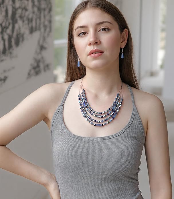 Layered Beaded Statement Necklace Multi Strand Crystal Beads Collar Necklace and Earring Sets for Women Fashion Costume Jewelry Set Gifts for Her