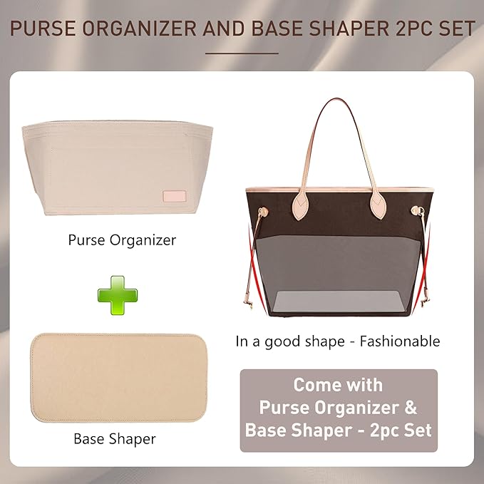 Doxo Purse Organizer Insert for Handbags & Base Shaper 2pc Set,Felt Organizer Insert Large Tote,Bag Organizer with Zipper 5 Sizes,Fit Speedy Neverfull MM/City33 and More(Beige-L-Combination)