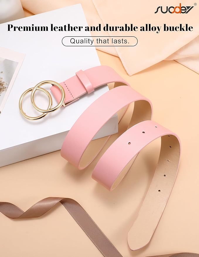 SUOSDEY Women Leather Belt Fashion Double O-Ring Soft Faux Leather Waist Belts For Jeans Dress
