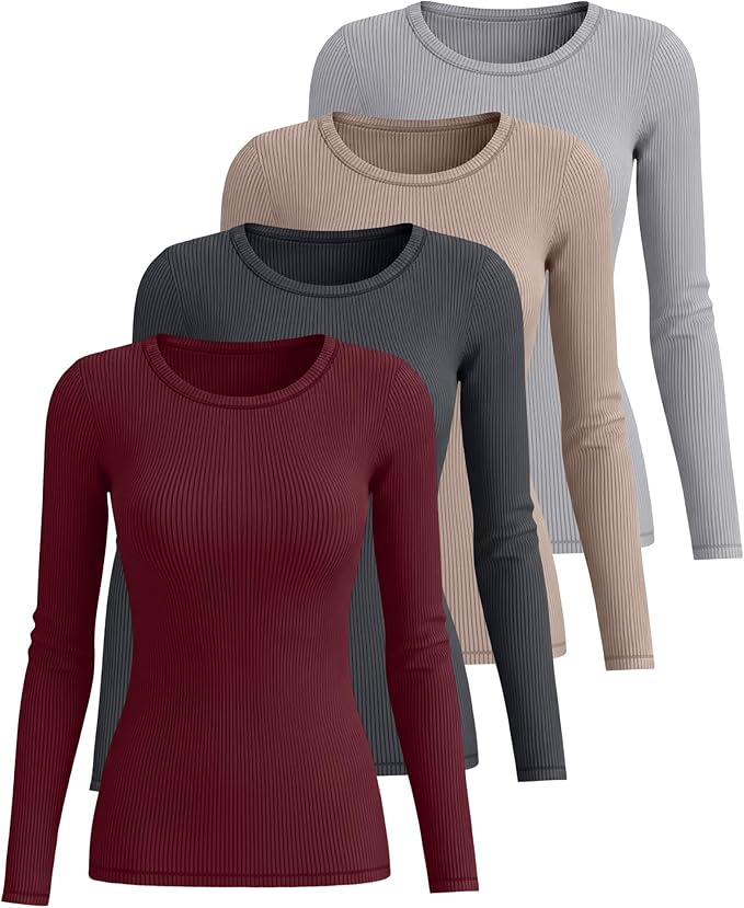 Neer 4 Pack Women's Ribbed Long Sleeve Shirts, Cotton Crew Neck Slim Fit Tops Stretch Knit Casual Base Layer Basic Tee Shirts