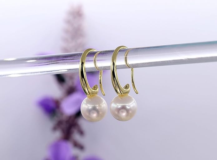 CHAULRI Minimalist Modern Sleek Cultured White Pearl Earrings 8-9mm Gold Plated Sterling Silver - Jewelry Gifts for Women
