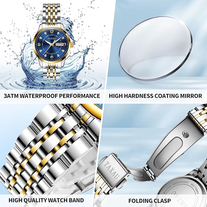 Womens Watch Fashion Dress Waterproof Silver Watches for Women Casual Easy Read Quartz Analog Women's Watch Two Tone Stainless Steel Ladies Watches with Day Date