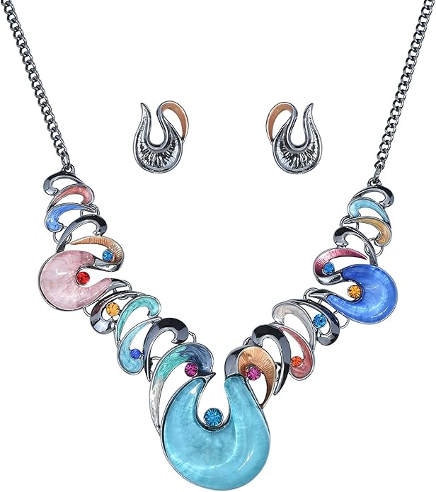Retro Women's Crystal Floral Petal Leaf Chunky Statement Necklace and Earrings Set Party Jewelry