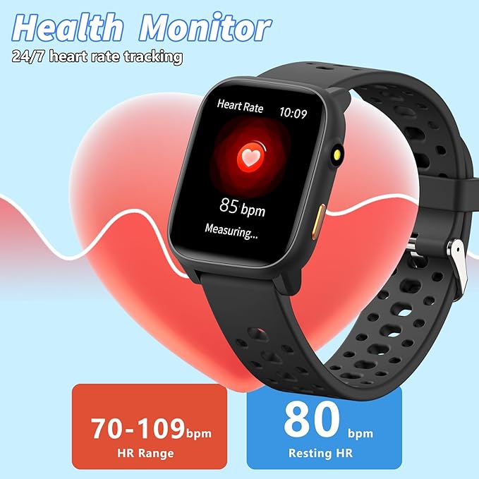 Kids Smart Watch with Puzzle Games, 1.83" Kids Watches Heart Rate, Sleep Monitor, Pedometer, Alarm Clock, Flashlight, Gift for 6-16 Year Old Boys Girls Toys (Black)