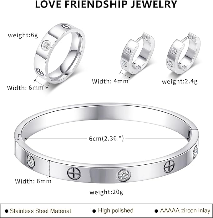 3 Pcs Hoop Earrings Bracelets Ring Sets for Women-18K Gold Plated Love Bracelet Cubic Zirconia Cuff Bangle Hoop Earrings Friendship Love Ring Jewelry Set,Wedding Party Christmas Valentine's Day Birthday Gifts for Her Girlfriend Sister Daughter