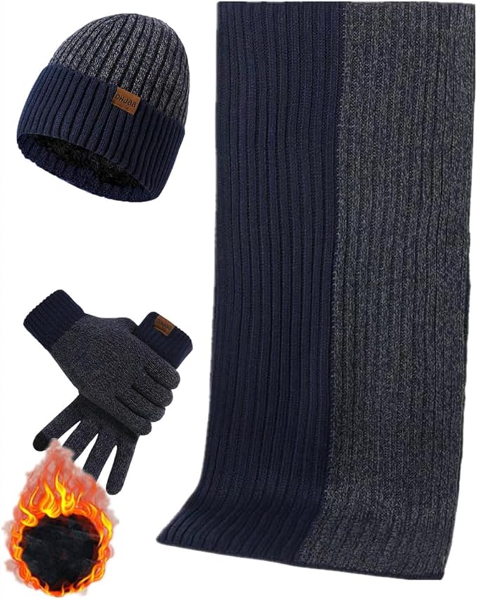 Mens Winter Scarf Hats and Gloves Set Knit Beanie Hat Warmer Scarfs and TouchScreen Glove 3 Pcs for Men