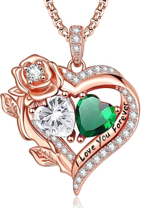 Rose Heart Necklaces for Women, Rose Gold Forever Love Jewelry with 2 Birthstones Pendant, Christmas Anniversarry Birthday Gifts for Her Wife Mom Grandma, 18+2 Inch Chain