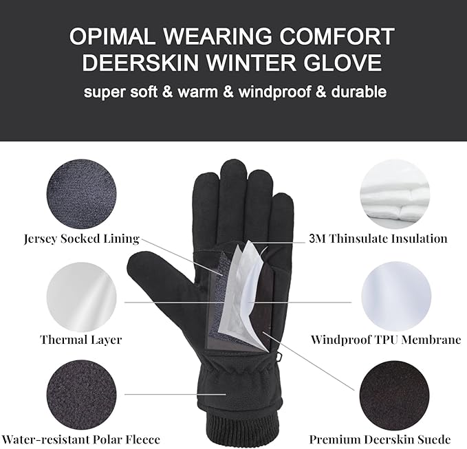 SKYDEER Winter Gloves with Soft Deerskin Suede Leather & Thermal Polar Fleece & Warm 3M Thinsulate Insulation (SD8661T)