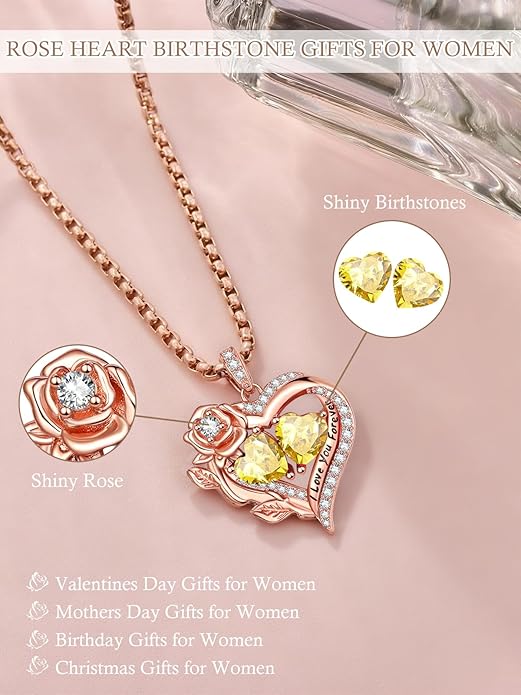 Rose Heart Necklaces for Women, Rose Gold Forever Love Jewelry with 2 Birthstones Pendant, Christmas Anniversarry Birthday Gifts for Her Wife Mom Grandma, 18+2 Inch Chain