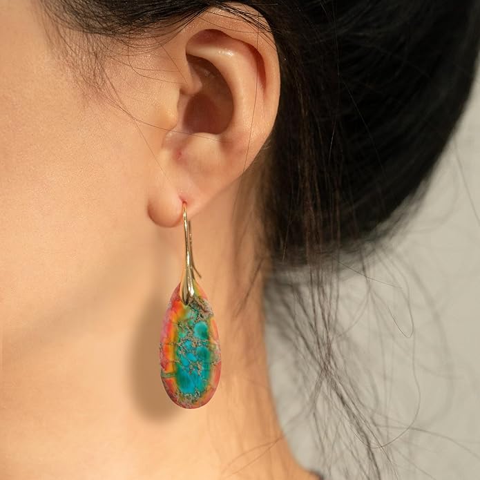 Natural Healing Stone Fishhoop Dangle Drop Earrings Statement Gold silver earrings