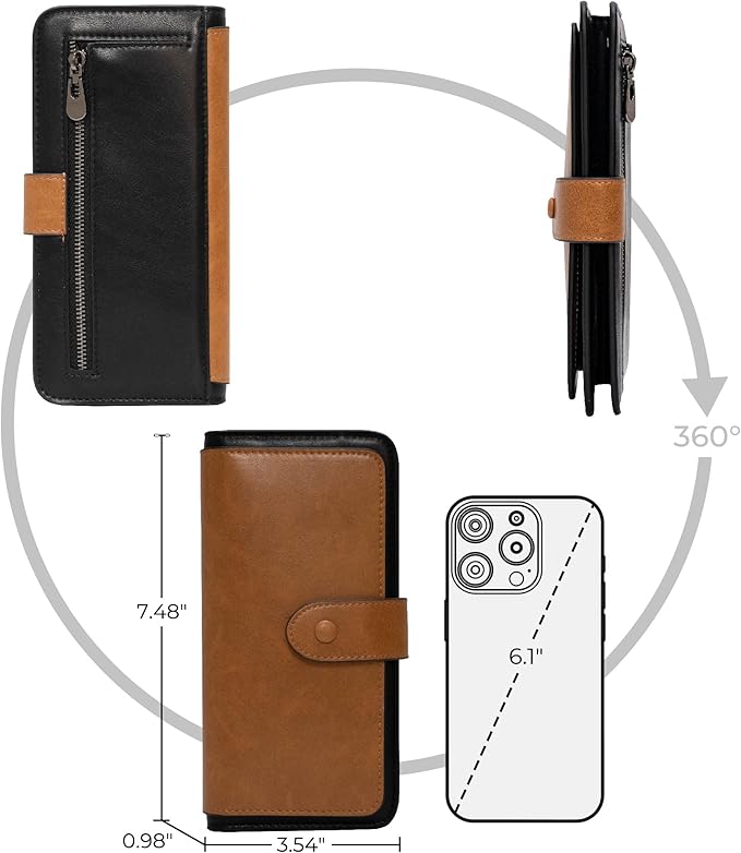RFID Blocking Leather Wallet for Women, Slim Trifold with 14 Card Slots and Zipper Pocket (Brown&Black)