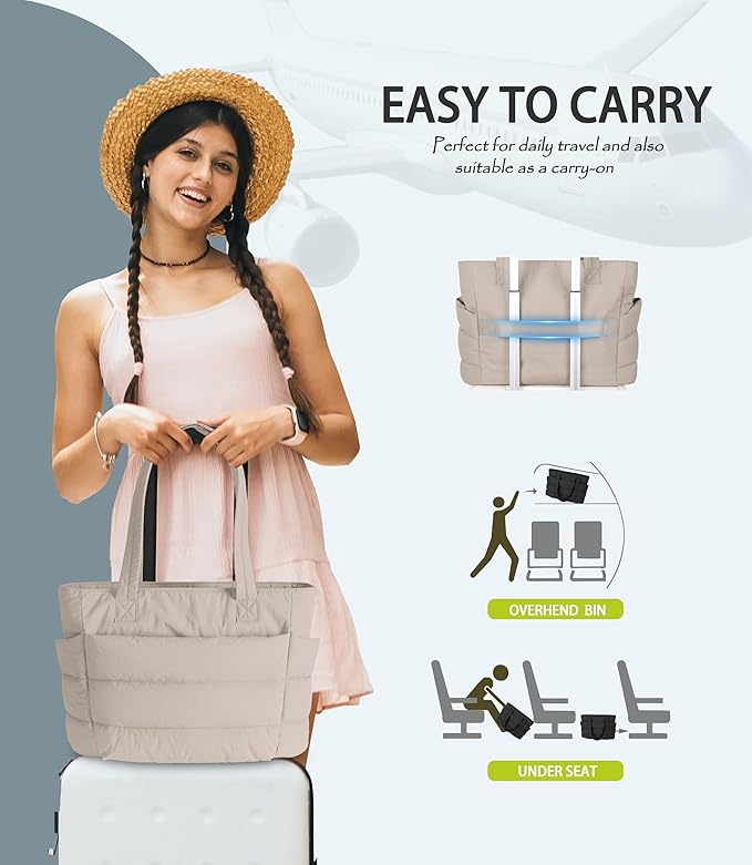 Puffer Tote Bag for Women, Cute Quilted Carryall with Zippered Compartments Shoulder Bag Handbag for Work, Travel, Gym