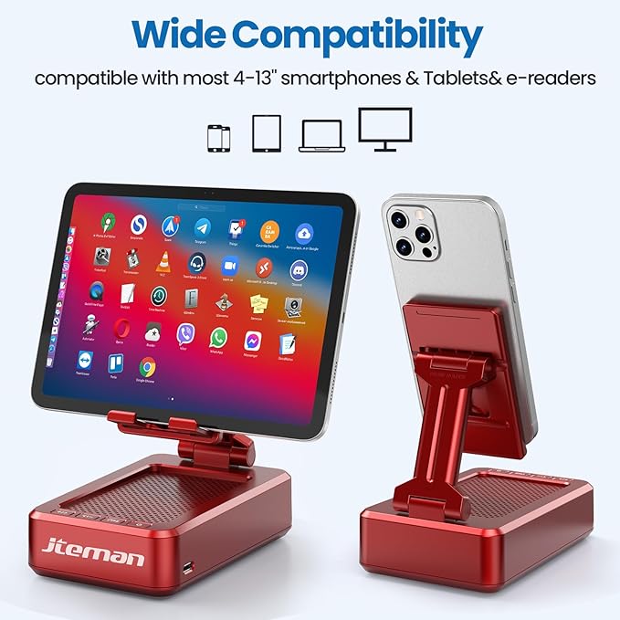 JTEMAN Portable Phone Stand with Speaker Bluetooth Wireless,Gifts for Men Women,Birthday for Women,Kitchen Gadgets for Men,Phone Holder for Desk - Red