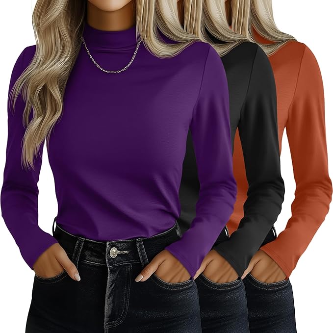 Ficerd 3 Pack Women's Mock Turtleneck Shirts, Long Sleeve Mock Neck Pullover Tops Slim Fitted Stretch Undershirt Tee Blouse