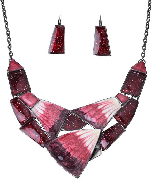 Irregular Enamel Triangle Shape Collar Bib Statement Necklace Earrings Set Women Bridal Jewelry