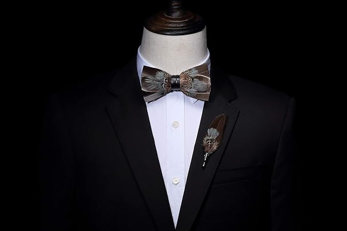 RBOCOTT Handmade Feather Pre-tied Bow tie and Brooch Sets for Men