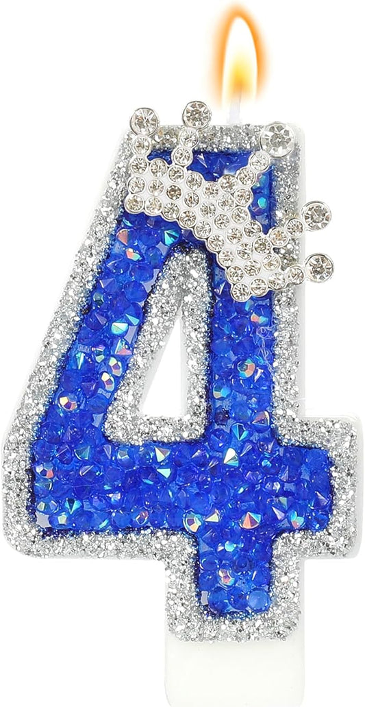 Blue Birthday Candle Crown Number Candle with Sequins Cake Candles Cupcake Decorations Party Decor for Anniversary Celebrations Supplies