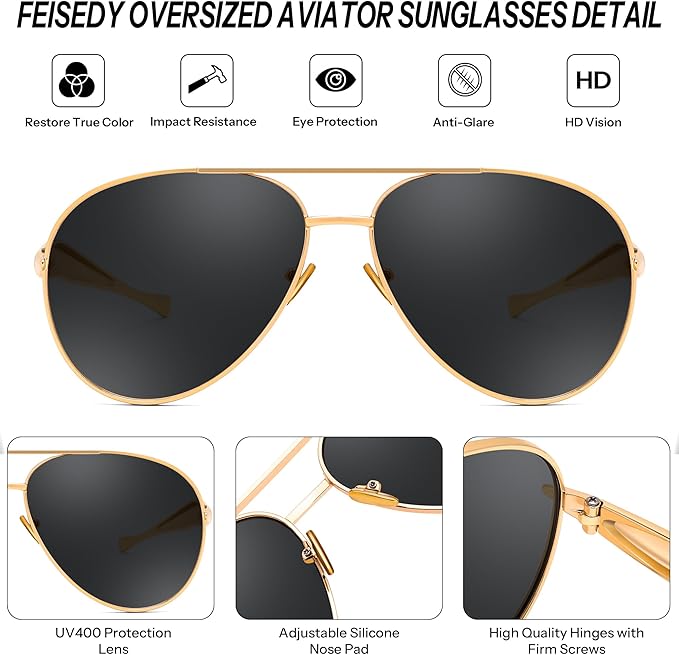 FEISEDY Oversized Aviator Sunglasses Women Men - Retro Gold Metal Chunky Frame, UV400 for Driving & Daily Wear B0311