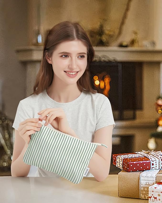 Narwey Small Striped Makeup Bag for Purse Travel Makeup Pouch Cosmetic Bag Zipper Pouch Bags for Women (Mint Green Stripe)