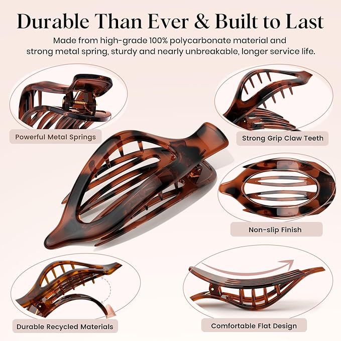 4 PCS Large Flat Hair Clips for Women Girls, French Concord Lay Down Claw Clips for Thick Thin Hair, Comfortable Curved Flat Clip, Leopard Print Strong Hold Hair Accessories, Tortoise Design