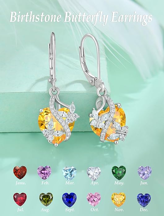 Butterfly Earrings for Women 925 Sterling Silver Heart Earring Birthstone Jewelry